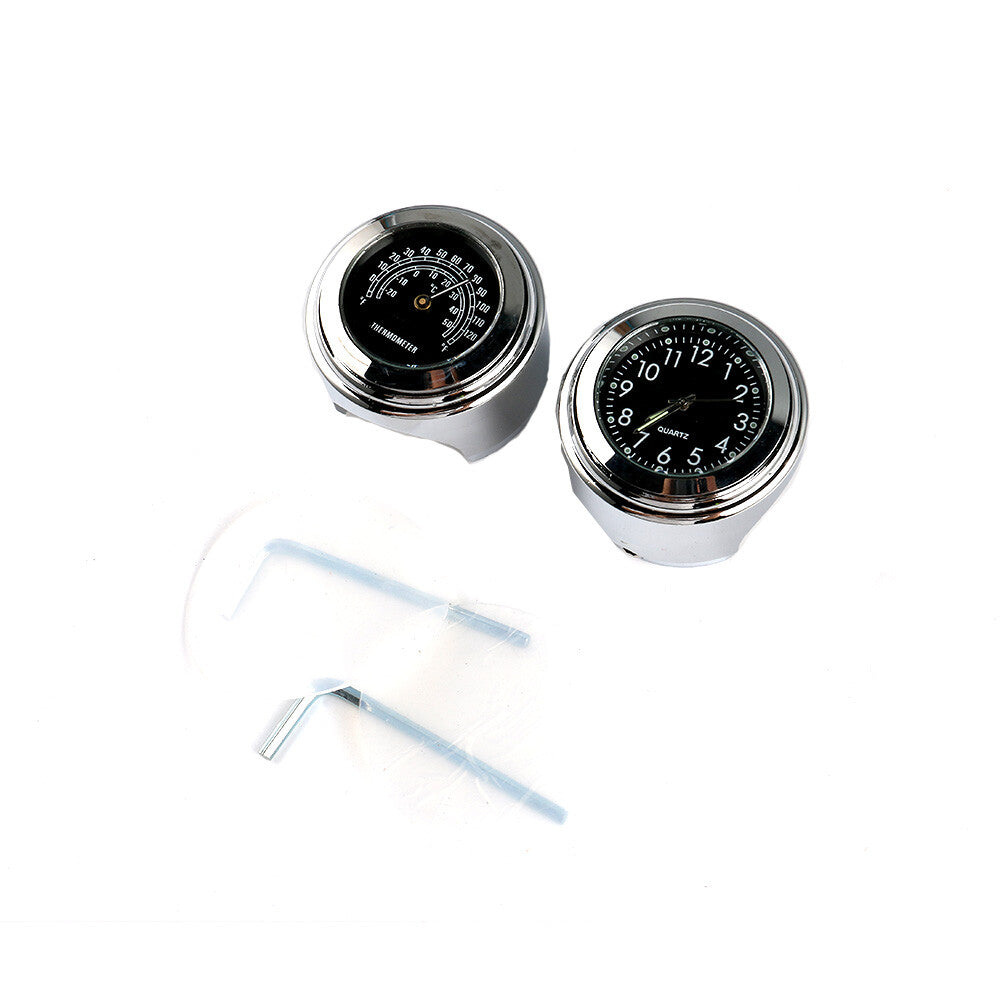Motorcycle Cruiser Chrome Handlebar Mount Black Dial Clock WatchThermometer Set Q
