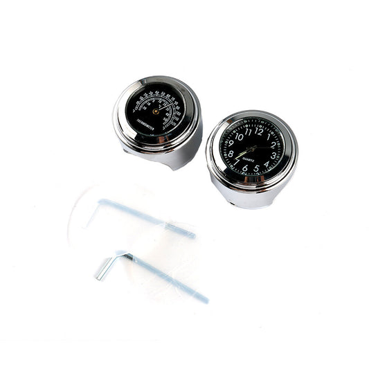 Motorcycle Cruiser Chrome Handlebar Mount Black Dial Clock WatchThermometer Set Q