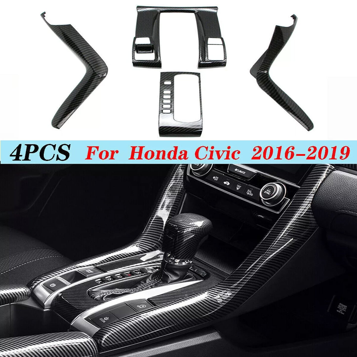Center Console Shift Panel Carbon Fiber Style Cover Trim for Honda for Civic 2016-21