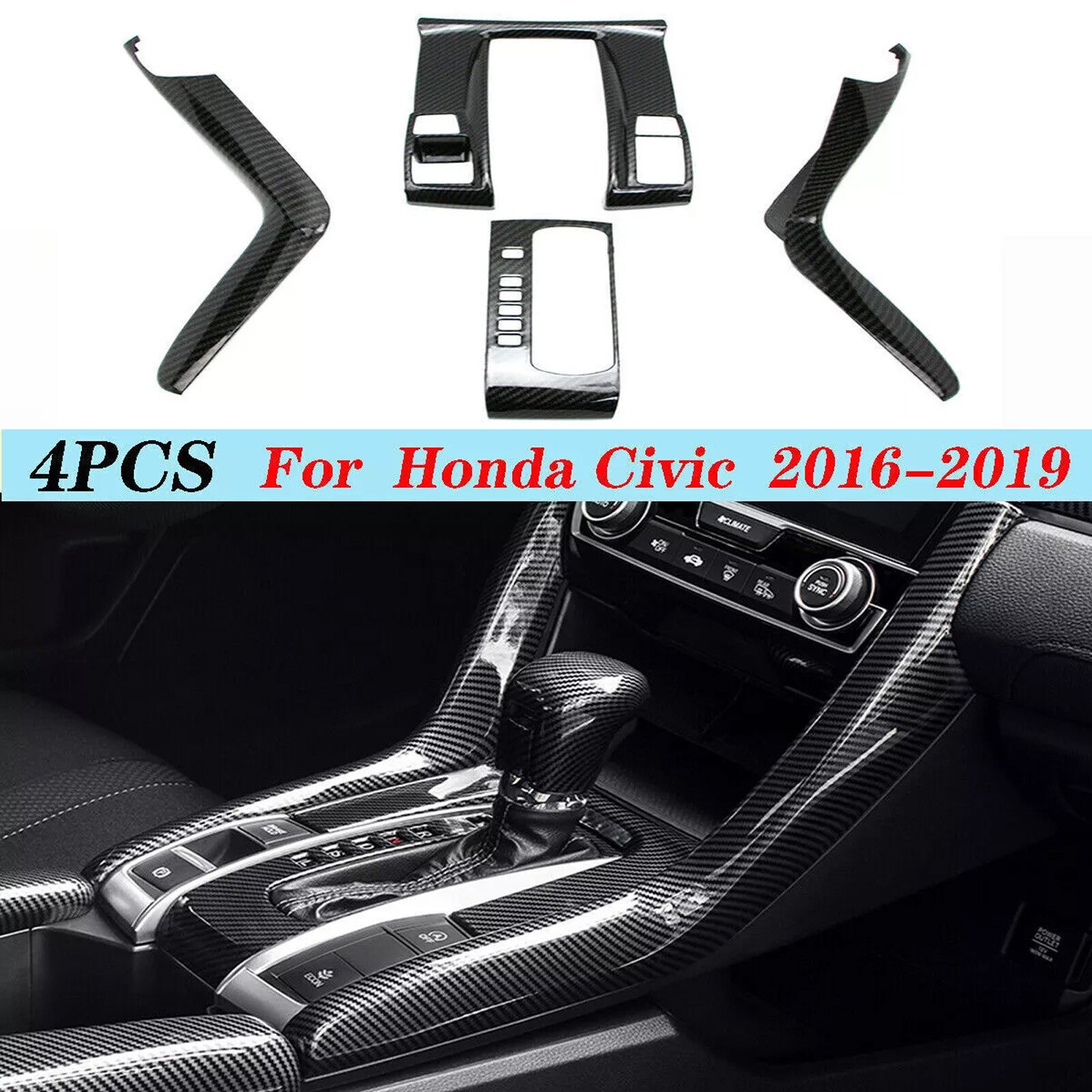 Center Console Shift Panel Carbon Fiber Style Cover Trim for Honda for Civic 2016-21