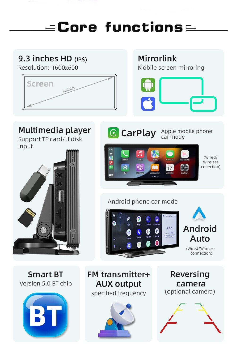Portable car stereo radio with CarPlay and Android Auto 9.3 wireless touchscreen - n