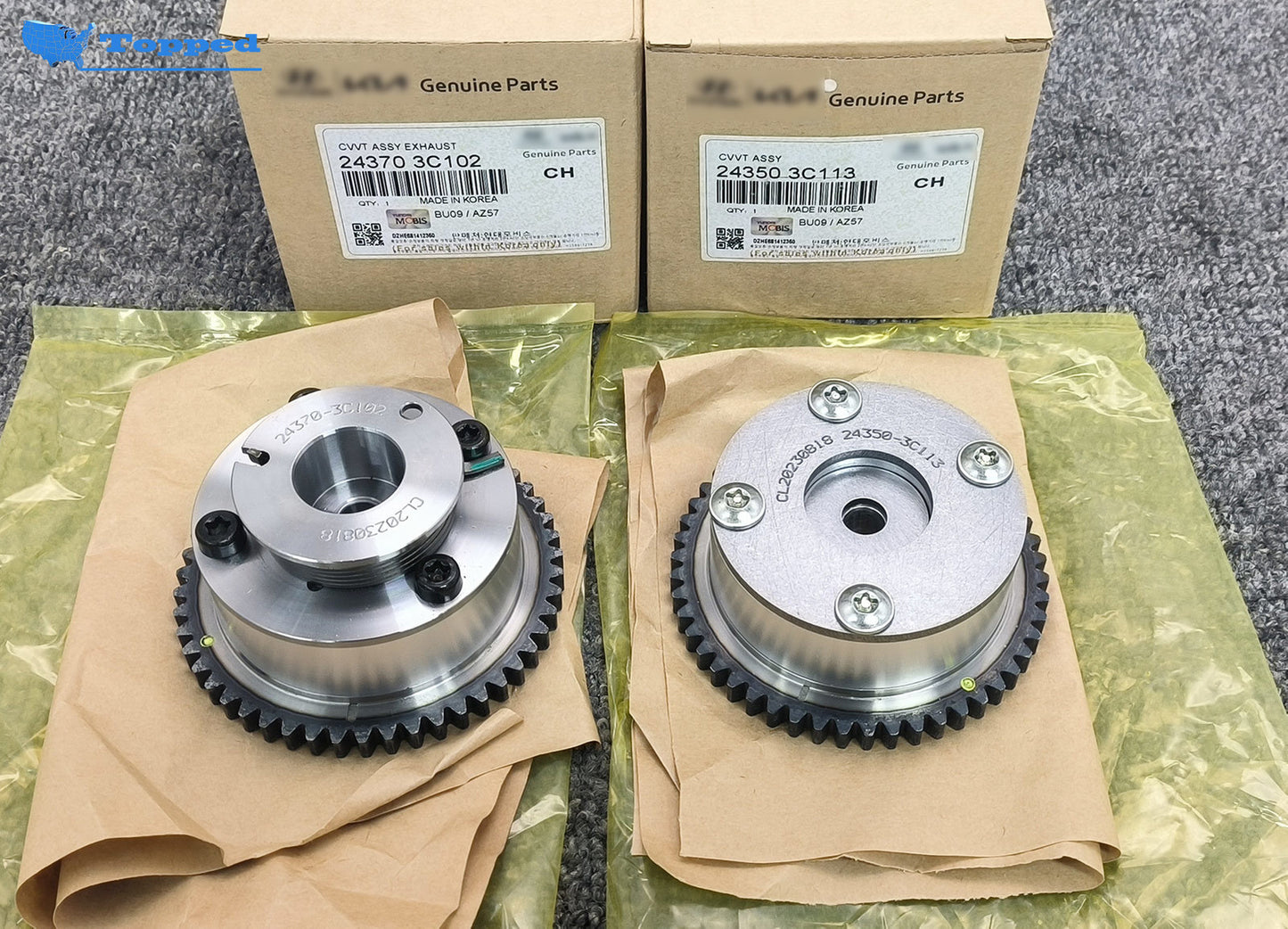 All-new OE CVVT intake and exhaust camshaft gear kit for Hyundai and for Kia 3.3L and 3.8L engines (2007-2014).