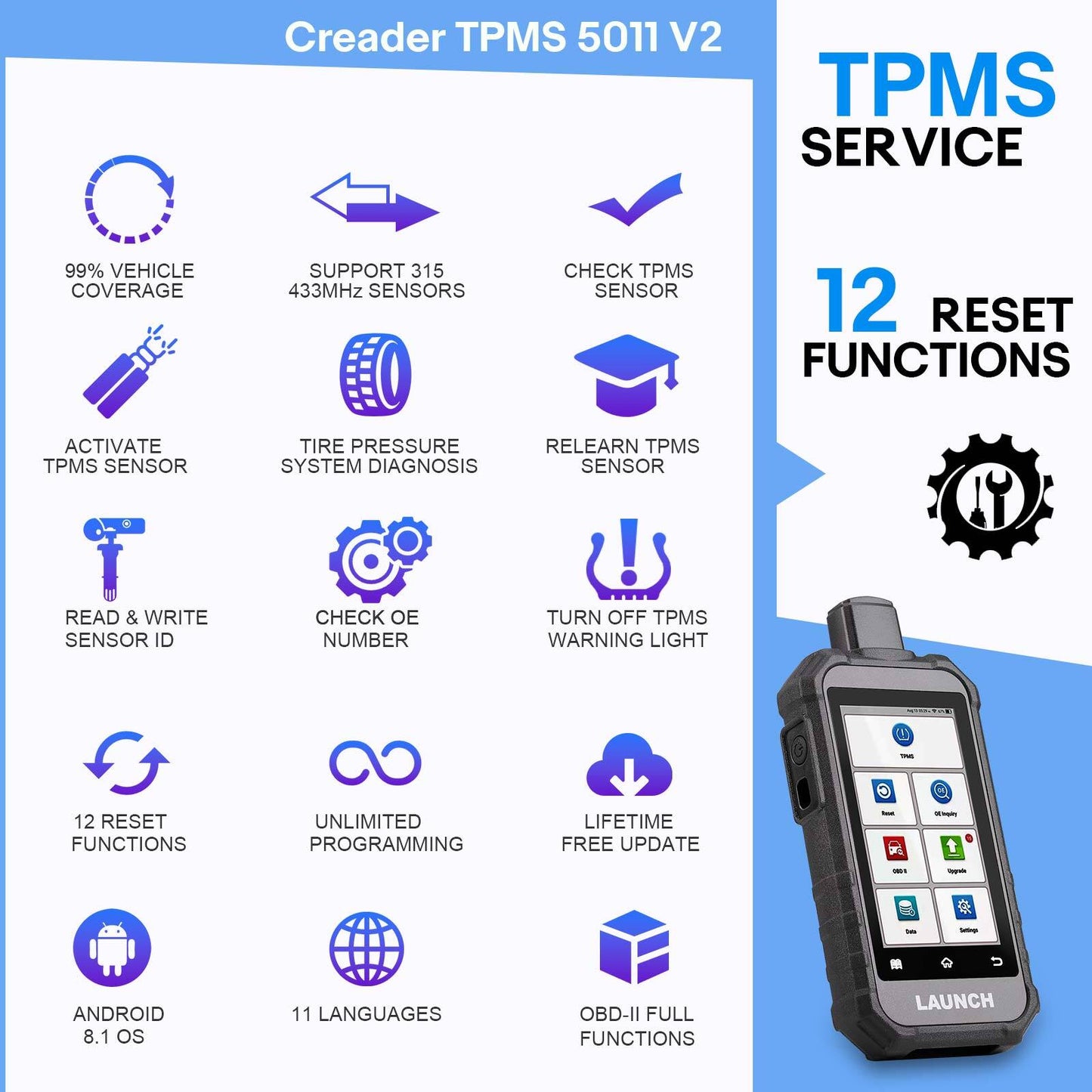 LAUNCH Creader TPMS 5011 V2 Activation Diagnostic Tool Tire Pressure Sensor Read