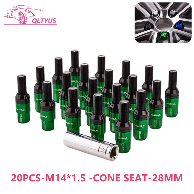 20-piece set of 28mm M14x1.5 wheel lug bolts and tapered for seat studs suitable for most aftermarket green products.