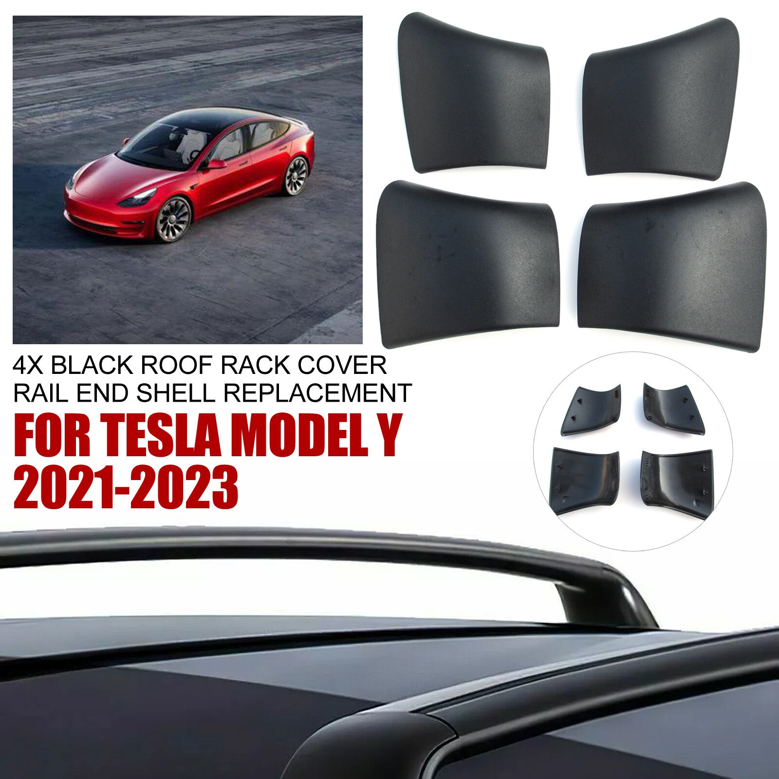 4x Black Roof Rack Cover Rail End Shell Replacement for Tesla for Model Y 2021-2023