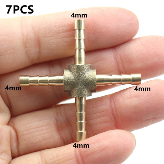 7-Piece Hose Rod 4-Way Cross Brass Fittings with Threads for Gas, Fuel, Water, and Air (4mm)