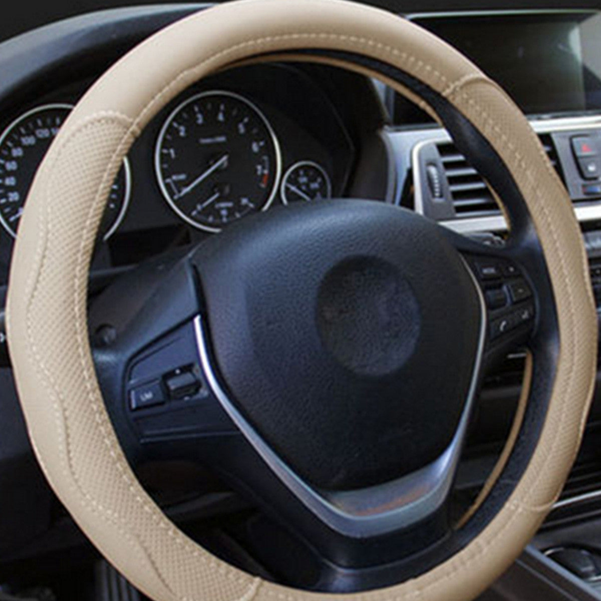 Accessories Embossed 15/38cm Car Steering Wheel Cover Protector Beige Leather