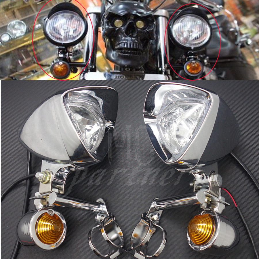 New Chrome Turn Signal LED Driving Passing Spot Fog lights Bar F Chopper Custom Q