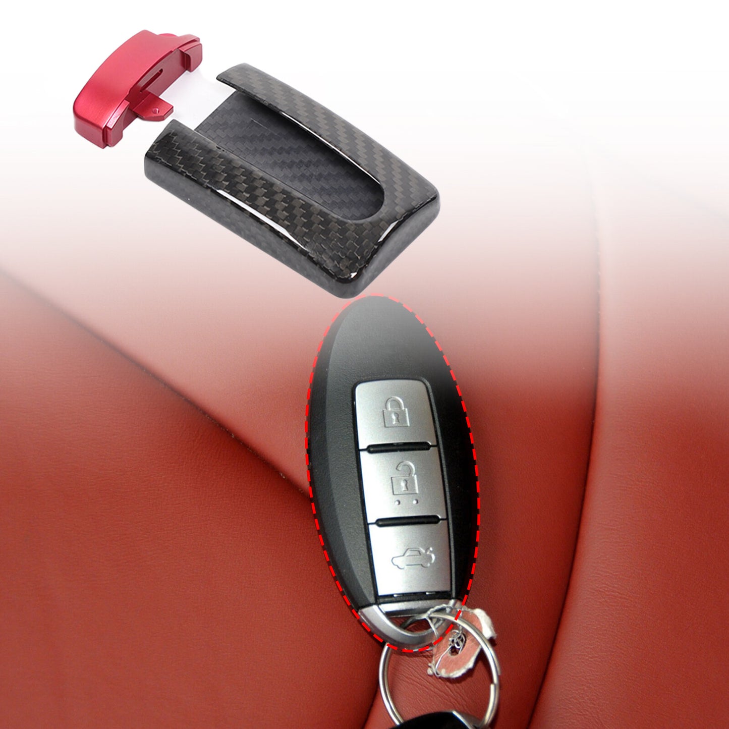 Carbon fiber GTR style keychain protective case with red accents for Nissan for Infiniti oval remote control