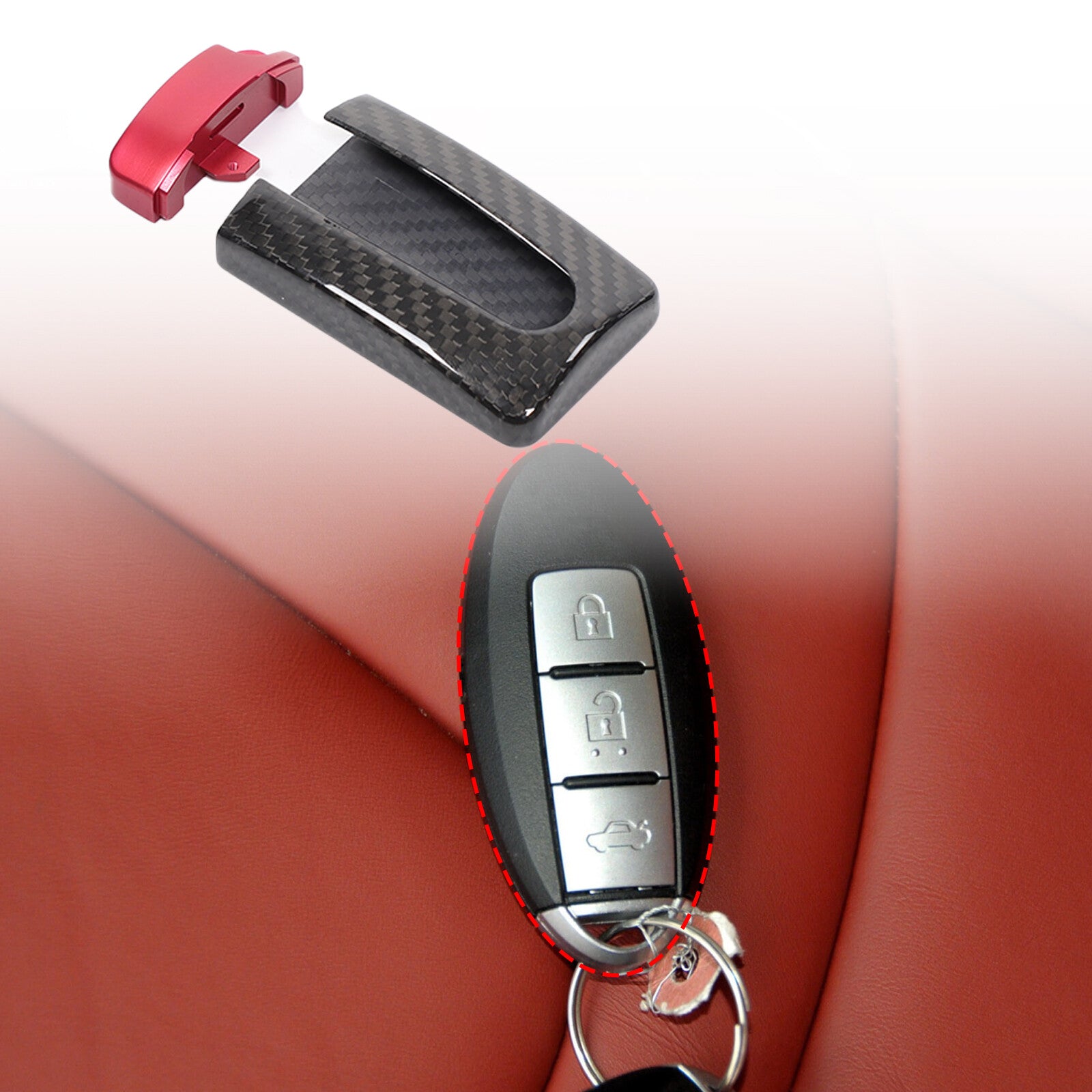 Carbon fiber GTR style keychain protective case with red accents for Nissan for Infiniti oval remote control
