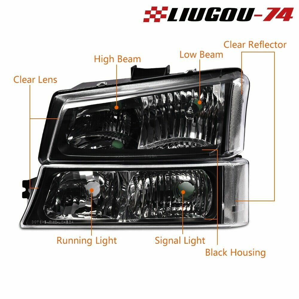 Fits 03-07 Silverado/Avalanche Black Shell Headlight Transparent Signal + Bumper - v