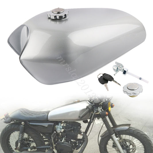 Silver Motorcycle Vintage 9L / 2.4Gal Fuel Tank  Tap for Honda CG125 Cafe Racer Q