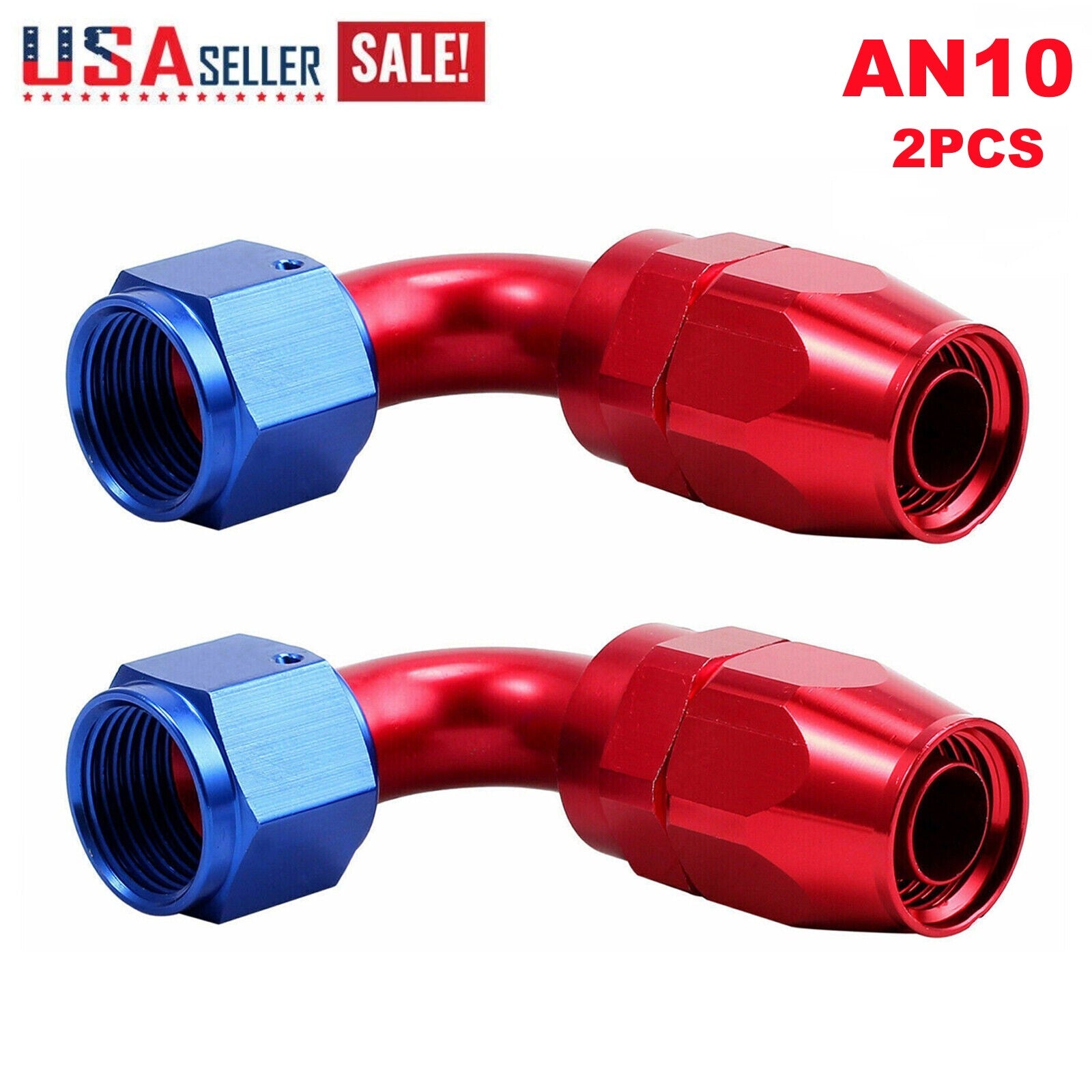 Red and blue AN10 90-degree swivel hose end adapter for fuel CPE hoses US