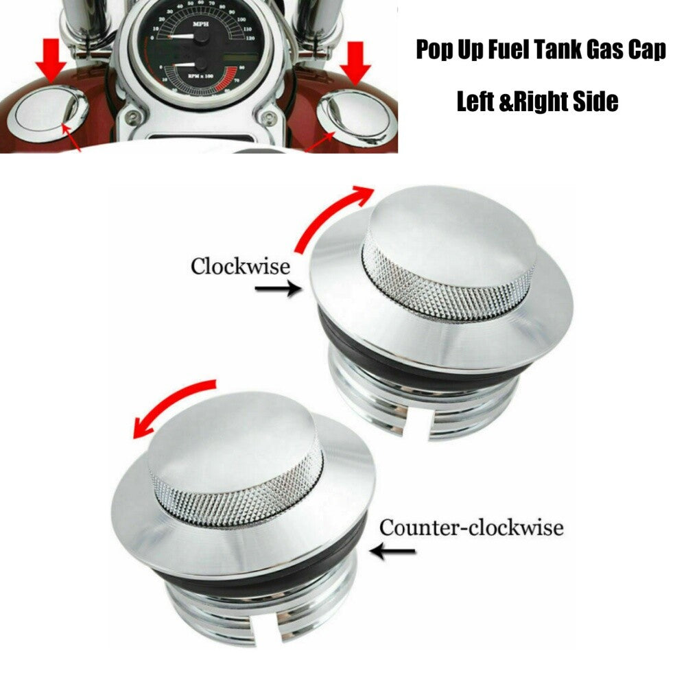 Left + Right Chrome Flush Mount Pop Up Vent Fuel Tank Gas Cap for Harley Softail