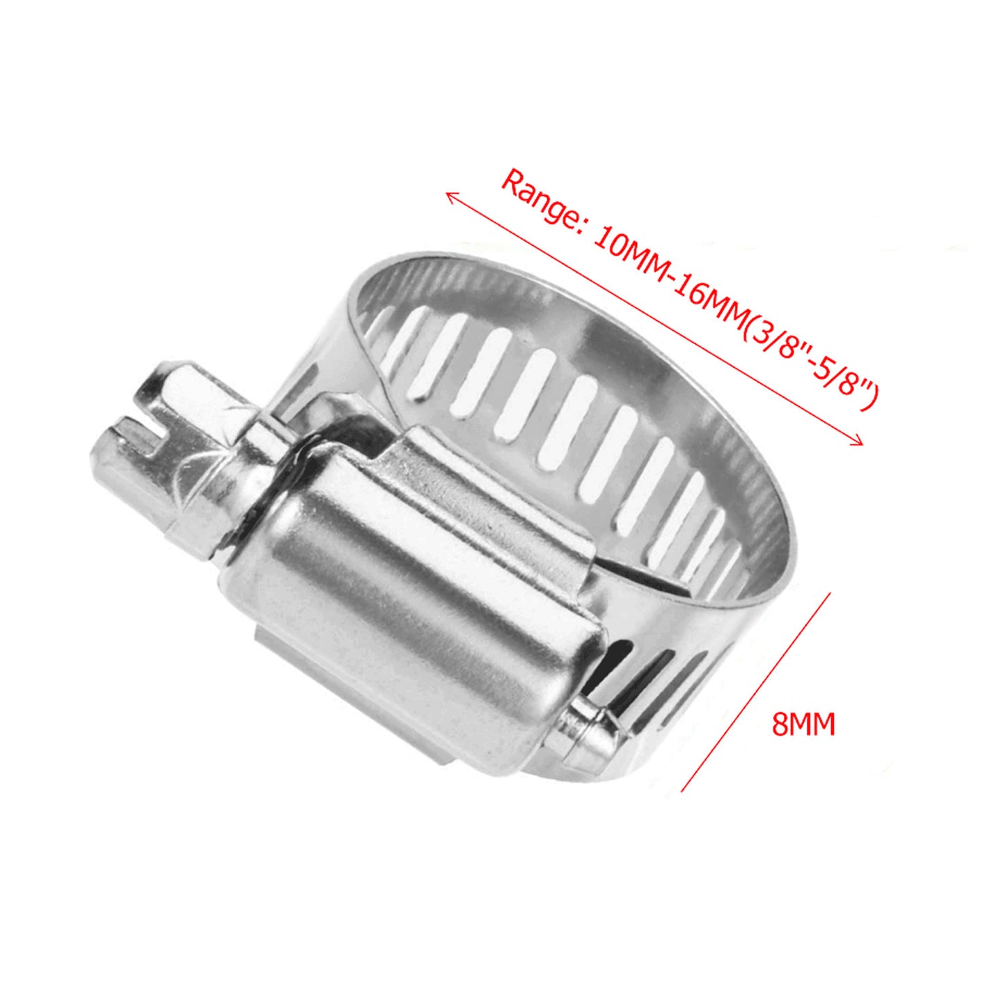 50-pack of hose clamps, 3/8 inch to 5/8 inch adjustable steel strap worm clamps, 304S fuel line clamps.