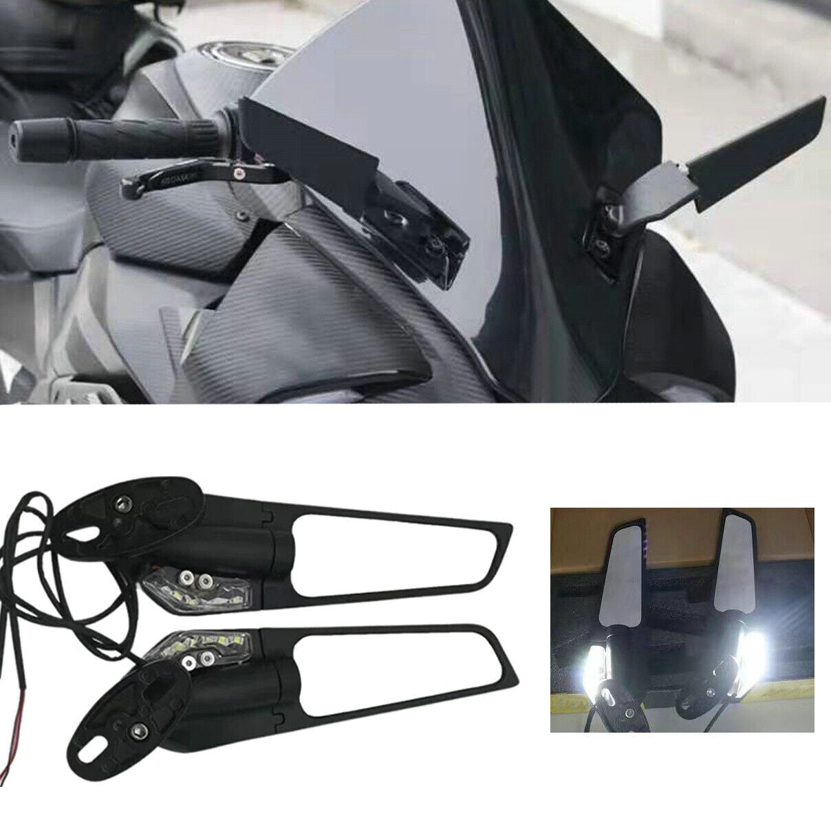 2X Universal Motorcycle Rearview Side Mirror Wind Swivel Wing With LED Light AT