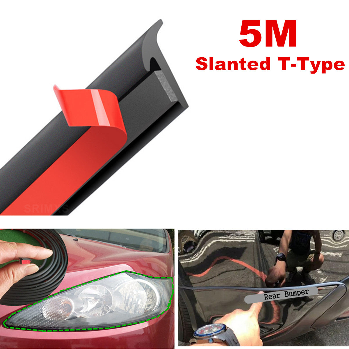 5M T-Type Black Rubber Sealing Strip Front Bumper Lip Body Kit Trim Accessories