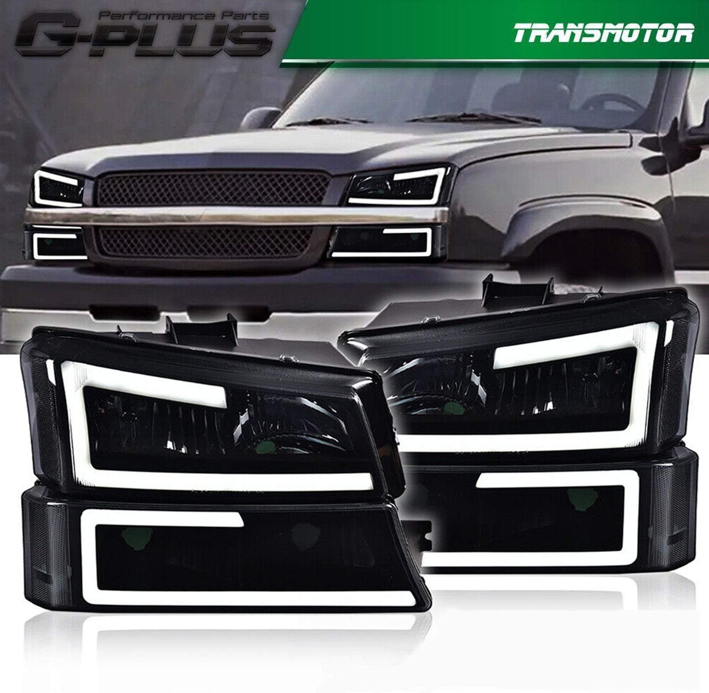 For 2003 - 2007 Silverado/Avalanche {Dual LED C-BAR} Smoke/Clear Headlights + Signals - v