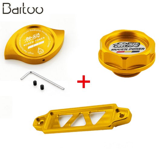 JDM Gold Billet Oil Filler Cap + Radiator Cap + Battery Tie Down Q
