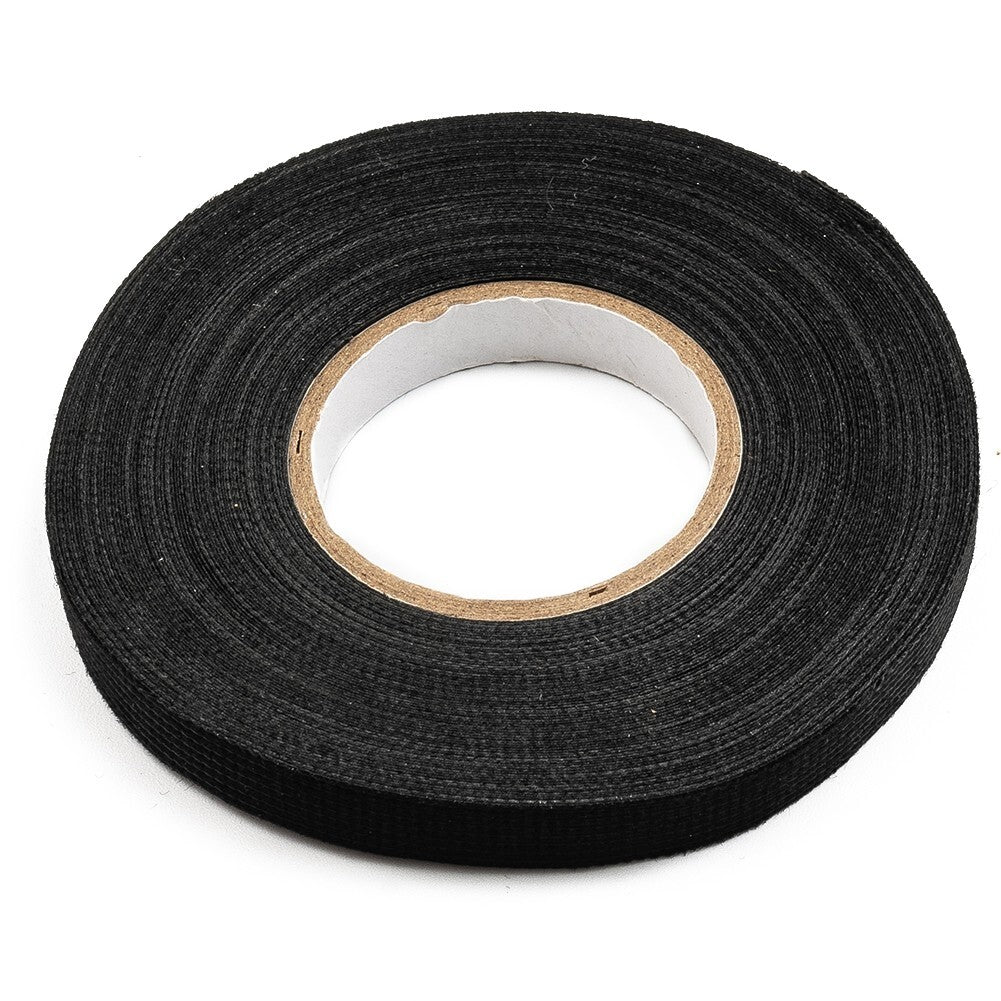 Flexible fabric tape, 15 meters, 9 mm thick, heat-resistant, suitable for automotive wiring.