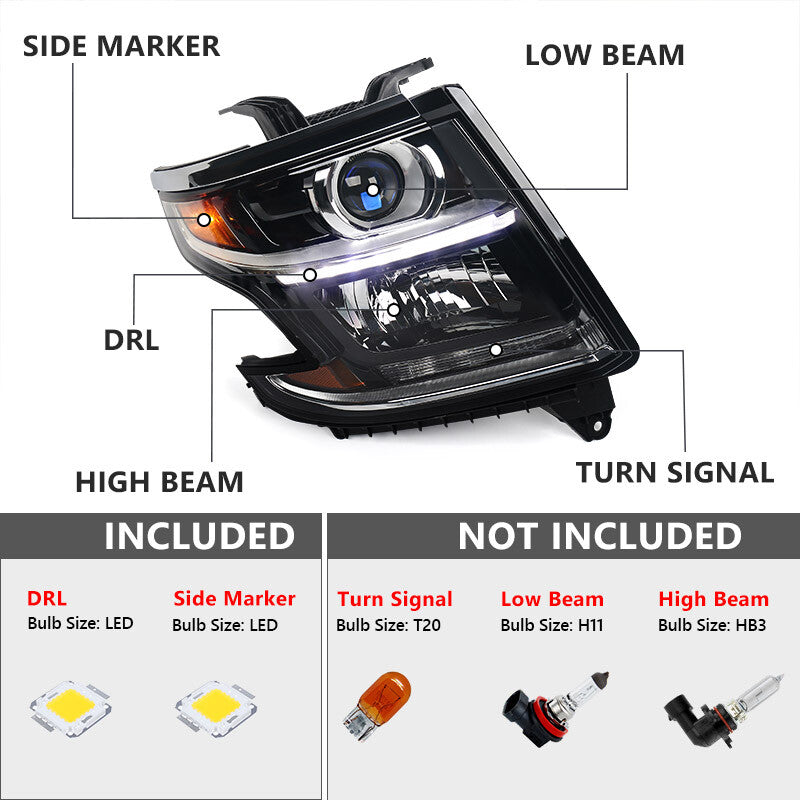 Suitable for 2015-2020 for Chevrolet Tahoe/Suburban Halogen Projector Headlights for Passenger's Right Hand