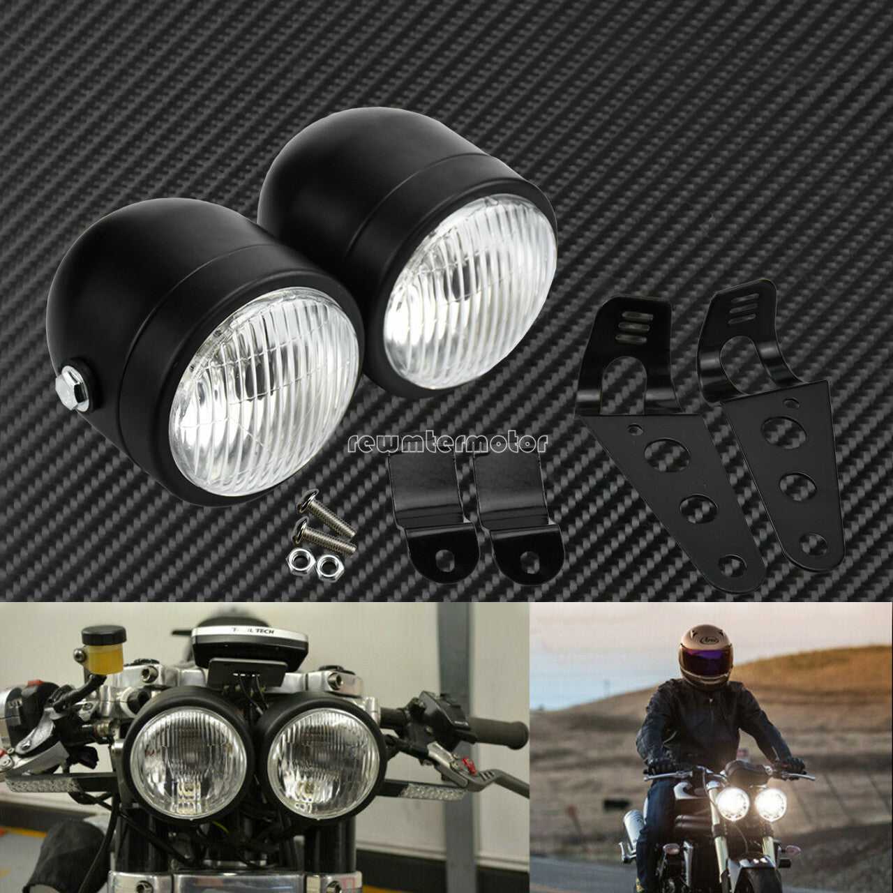 Black Twin Headlight Motorcycle Double Dual Lamp Mount Street Fighter Universal Q