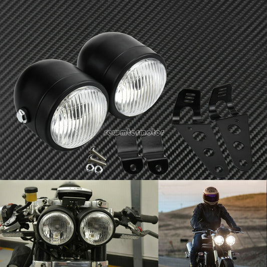 Black Twin Headlight Motorcycle Double Dual Lamp Mount Street Fighter Universal Q