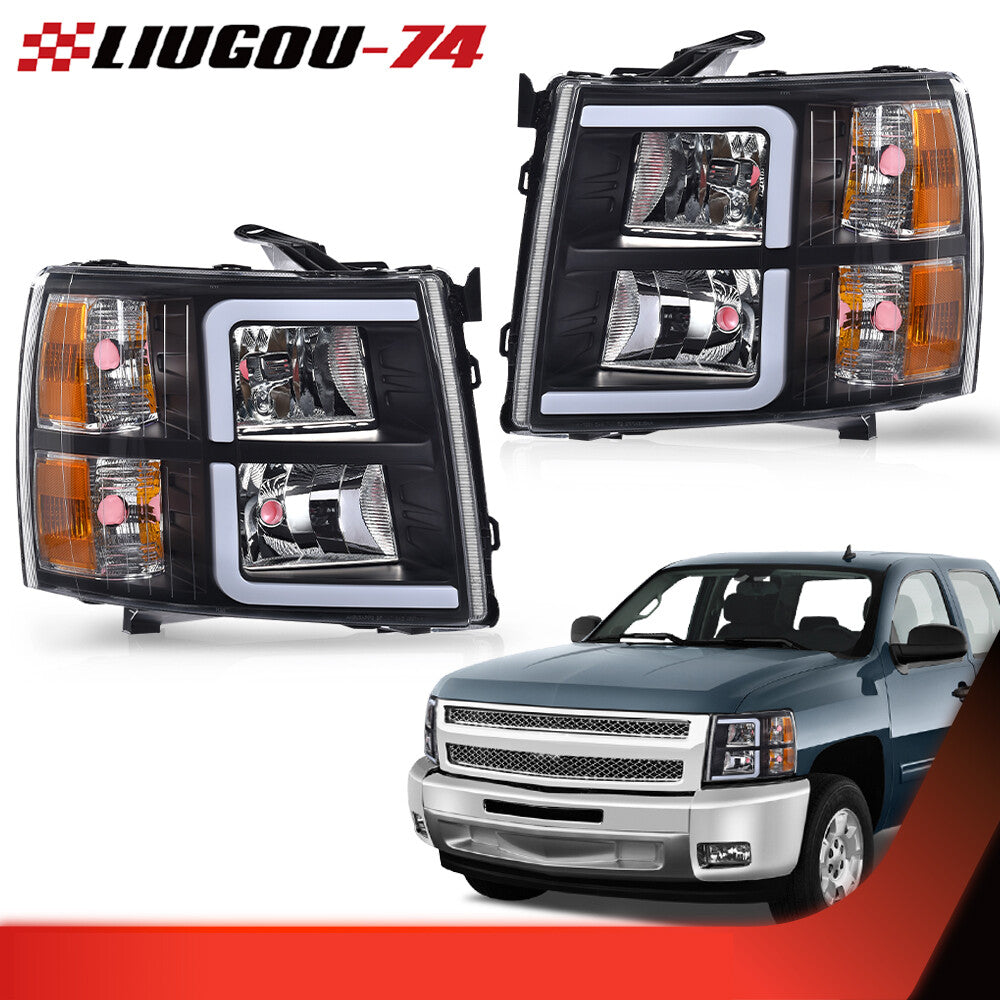 Fits 07-13 for Silverado Black/Amber LED DRL Tube Headlights 2 pcs - v