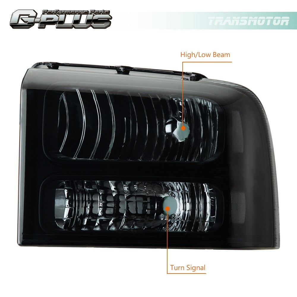 Fits 2005 - 2007 for F250 F350 Super Clear Corner Smoked Headlights - v