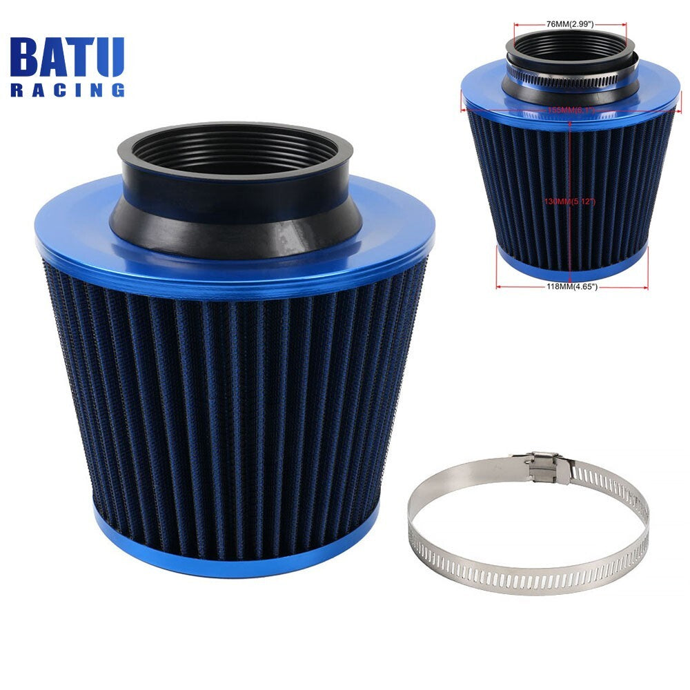Blue 3 76mm High Flow Inlet Cold Air Intake Cone Replacement Dry Air Filter