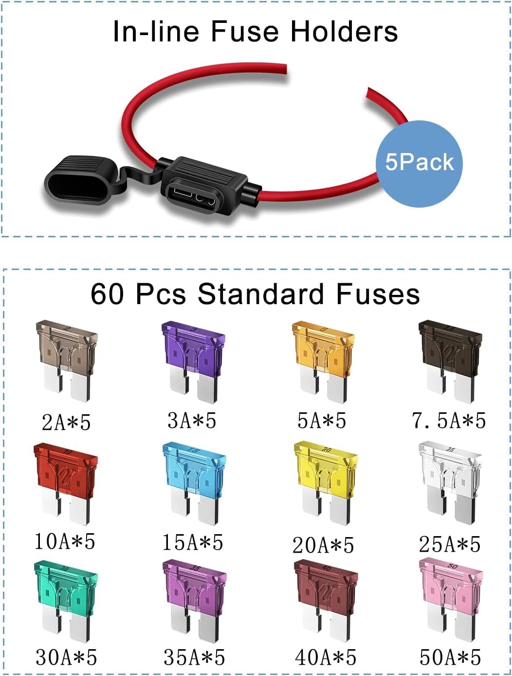 5pcs Car 12AWG Inline Fuse Holder60Pcs Auto ATC/ATO Standard Blade Fuses 2A-50A