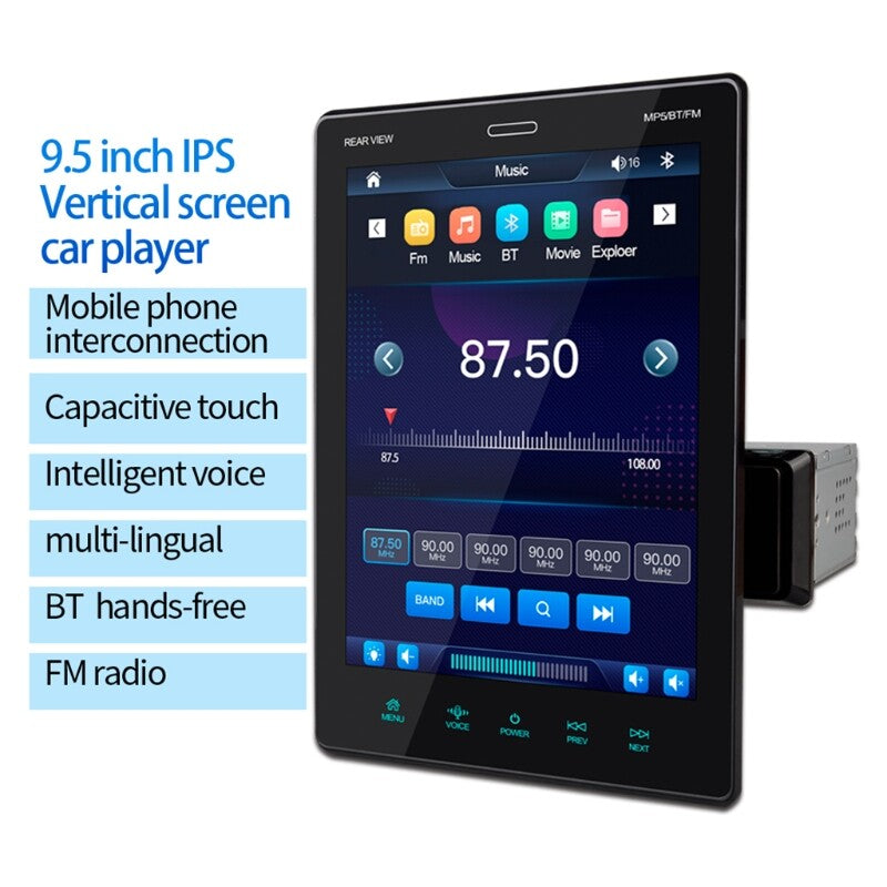 Single DIN car stereo radio with 9.5-inch touchscreen, Bluetooth mirrored connection, and camera. n