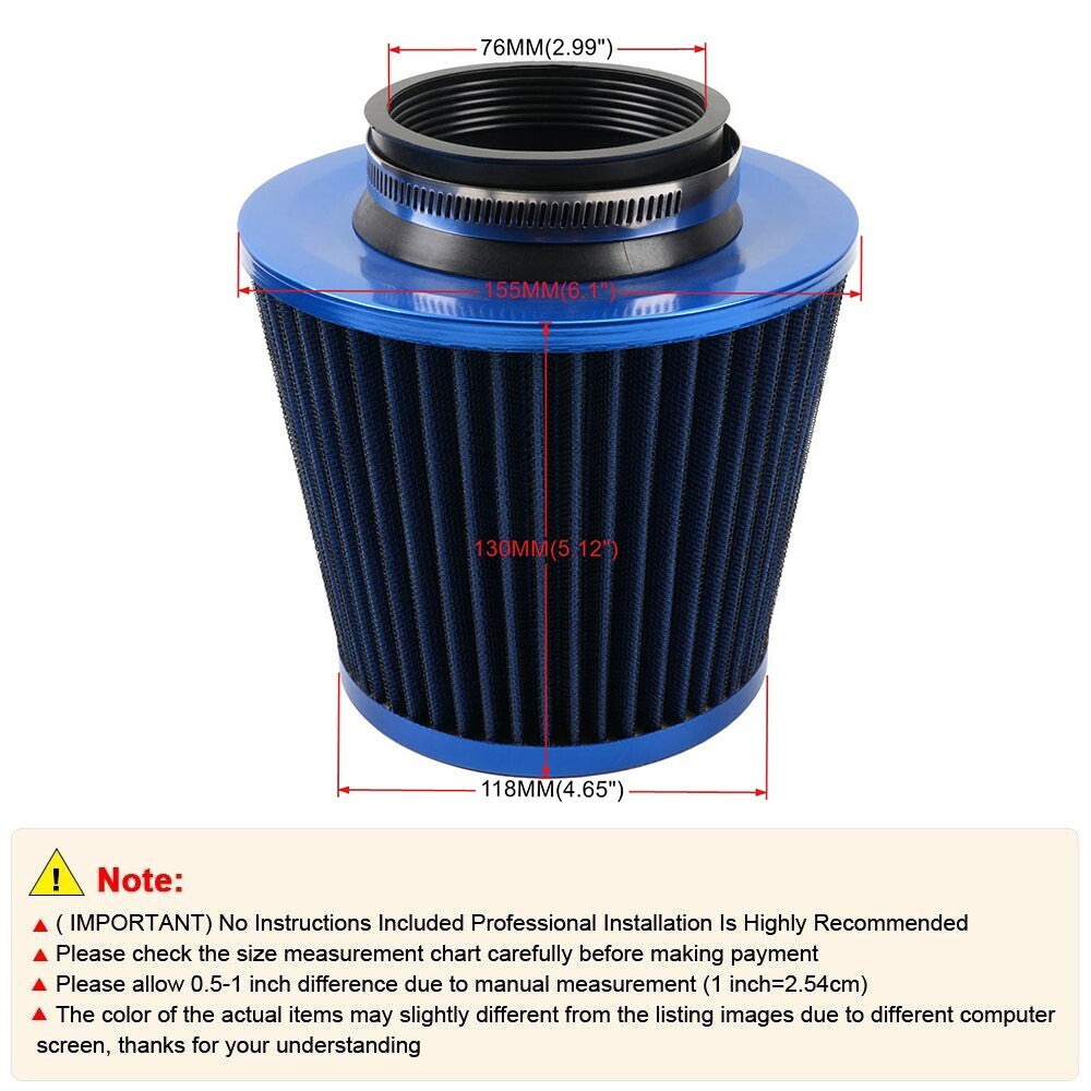 Blue 3 76mm High Flow Inlet Cold Air Intake Cone Replacement Dry Air Filter
