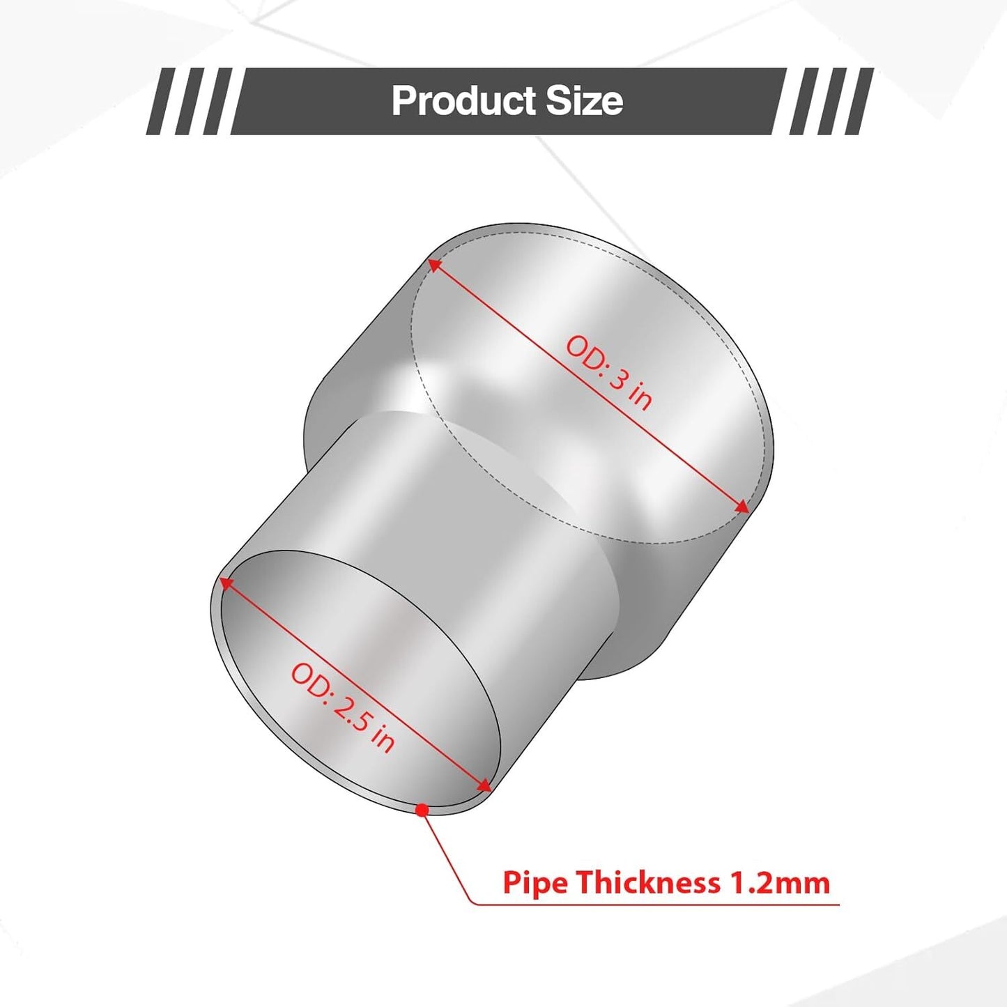 2.5-inch ID to 3-inch ID exhaust pipe adapter connector reducer pipe stainless steel