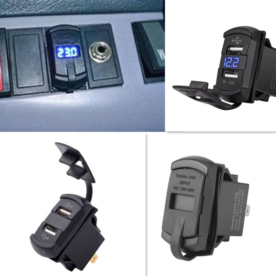 DC12V Dual USB Car Marine Boat Power Socket Plug Outlet Charger Adapter Blue LCD