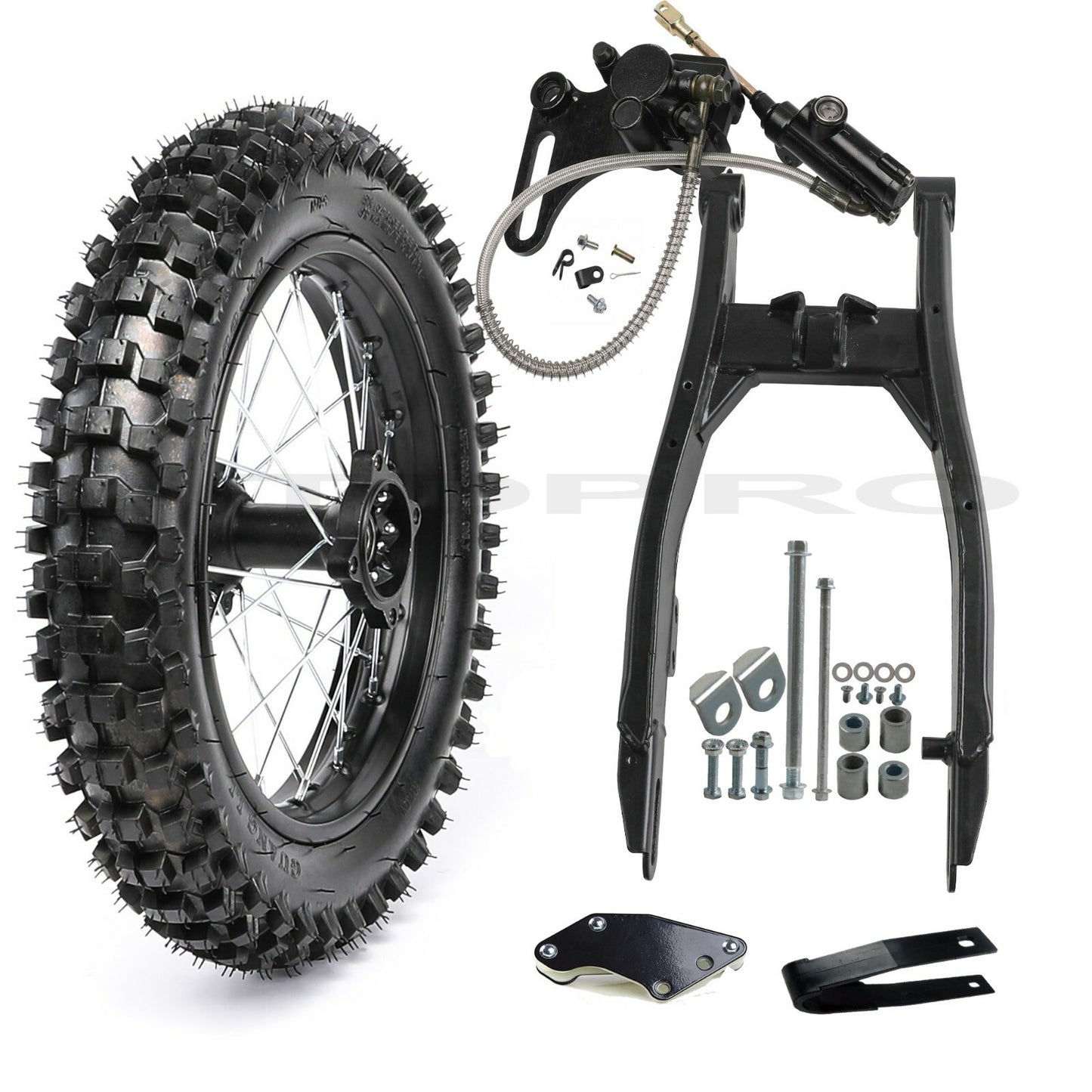 12-inch rear wheel, swingarm, 80/100-12 tire, rim assembly, pit bike, Apollo 110cc 125cc