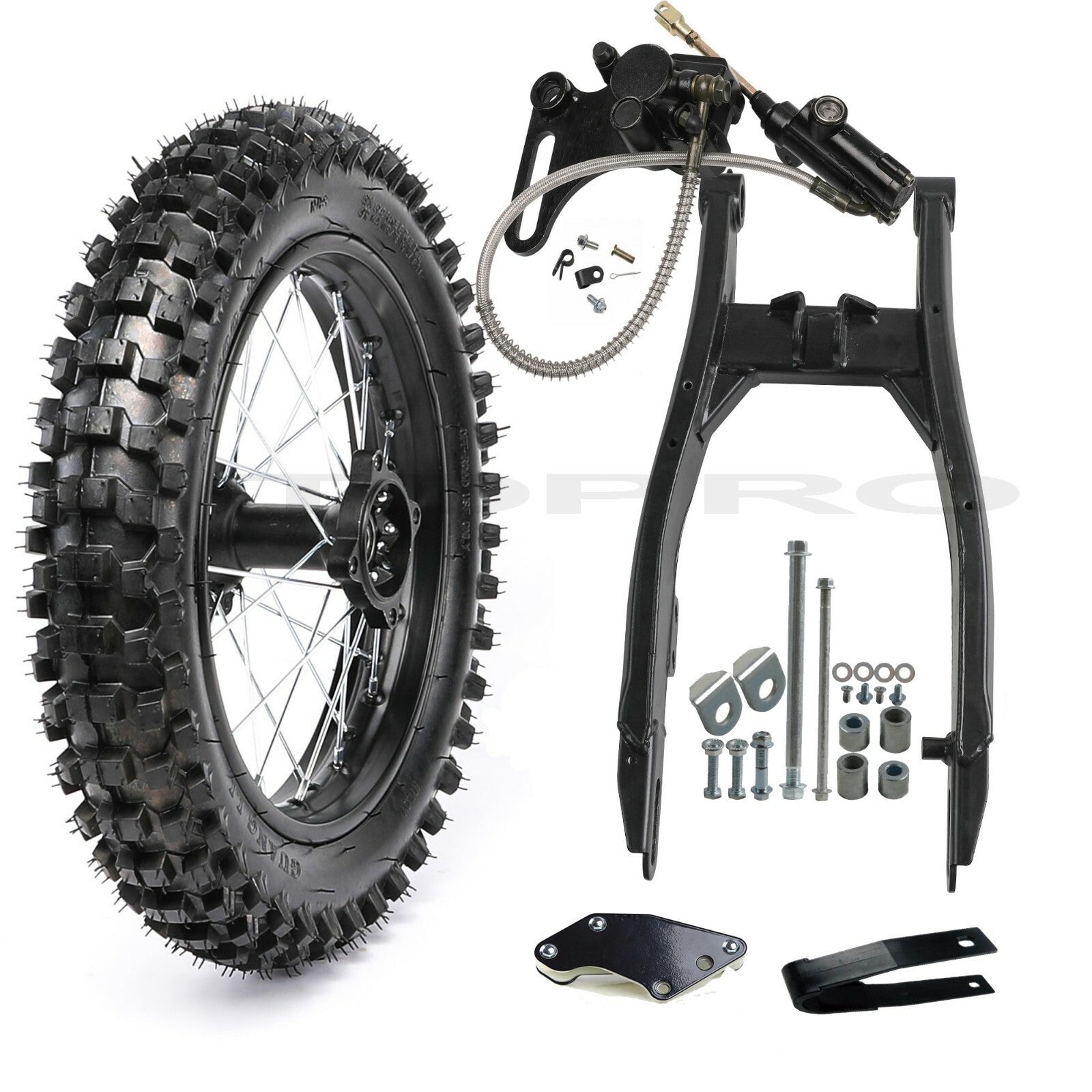 12-inch rear wheel, swingarm, 80/100-12 tire, rim assembly, pit bike, Apollo 110cc 125cc