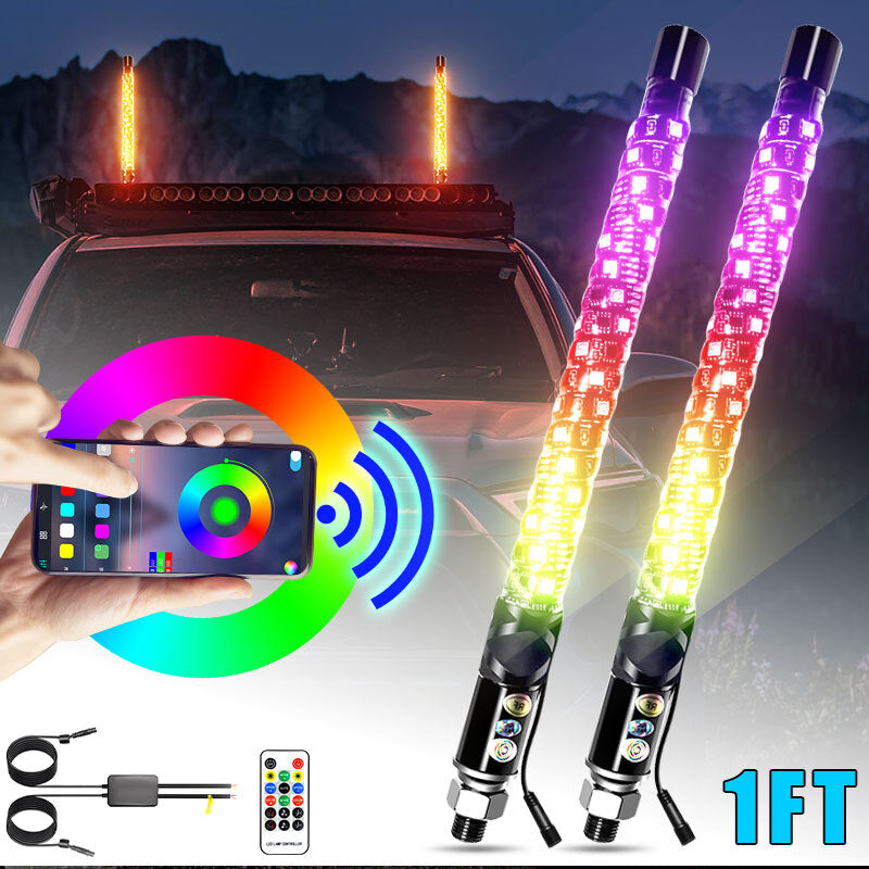 2PCS 1ft RGB Spiral LED Whip Lights Antenna Chase + FlagRemote for ATV UTV NEW