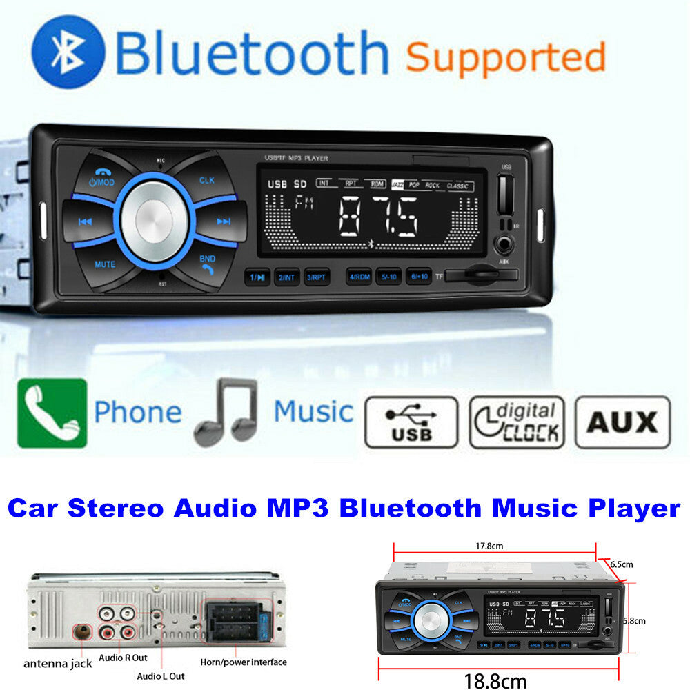 1 DIN Car MP3 Bluetooth Music Player FM Radio Audio USB Flash Drive SD Card AUX Function n