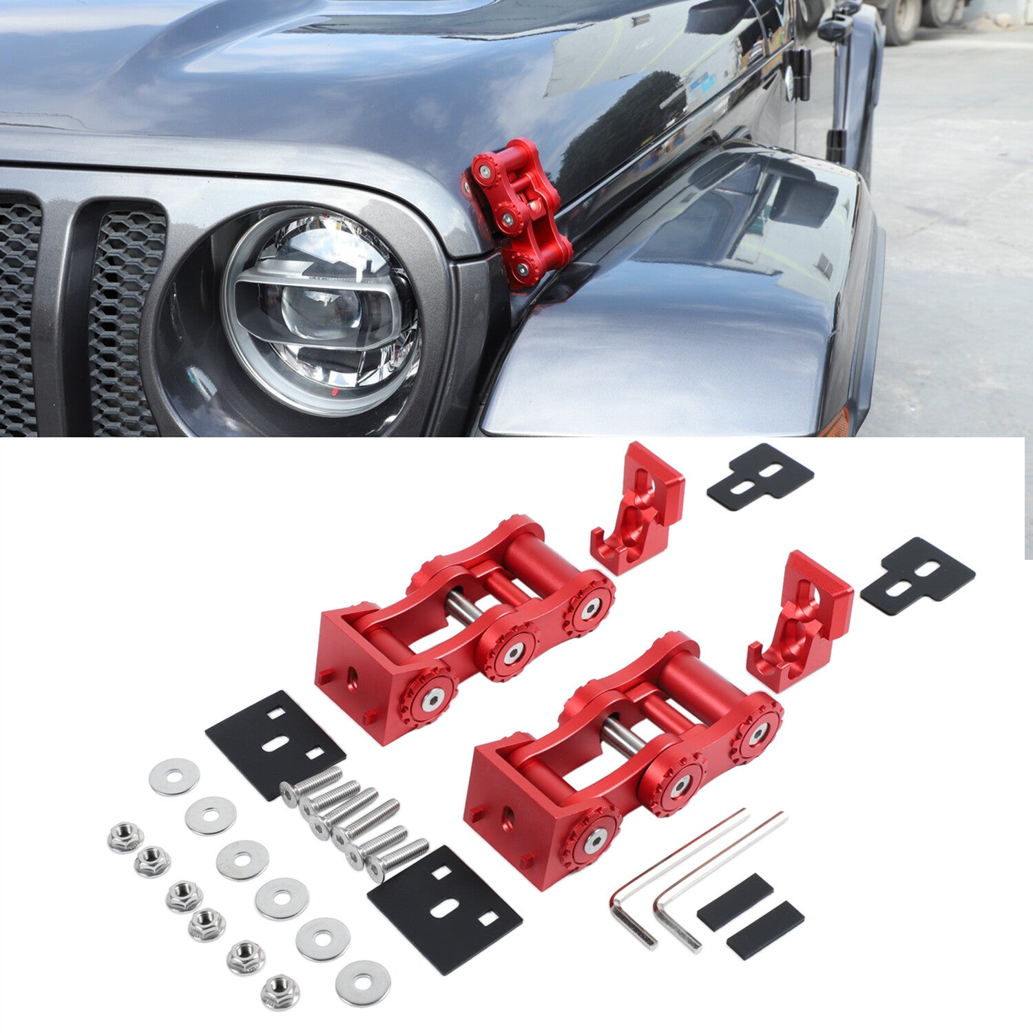 Red Solid Steel Hood Locking Catch Kit For 2018-2021 for Jeep for Wrangler JL Rubicon