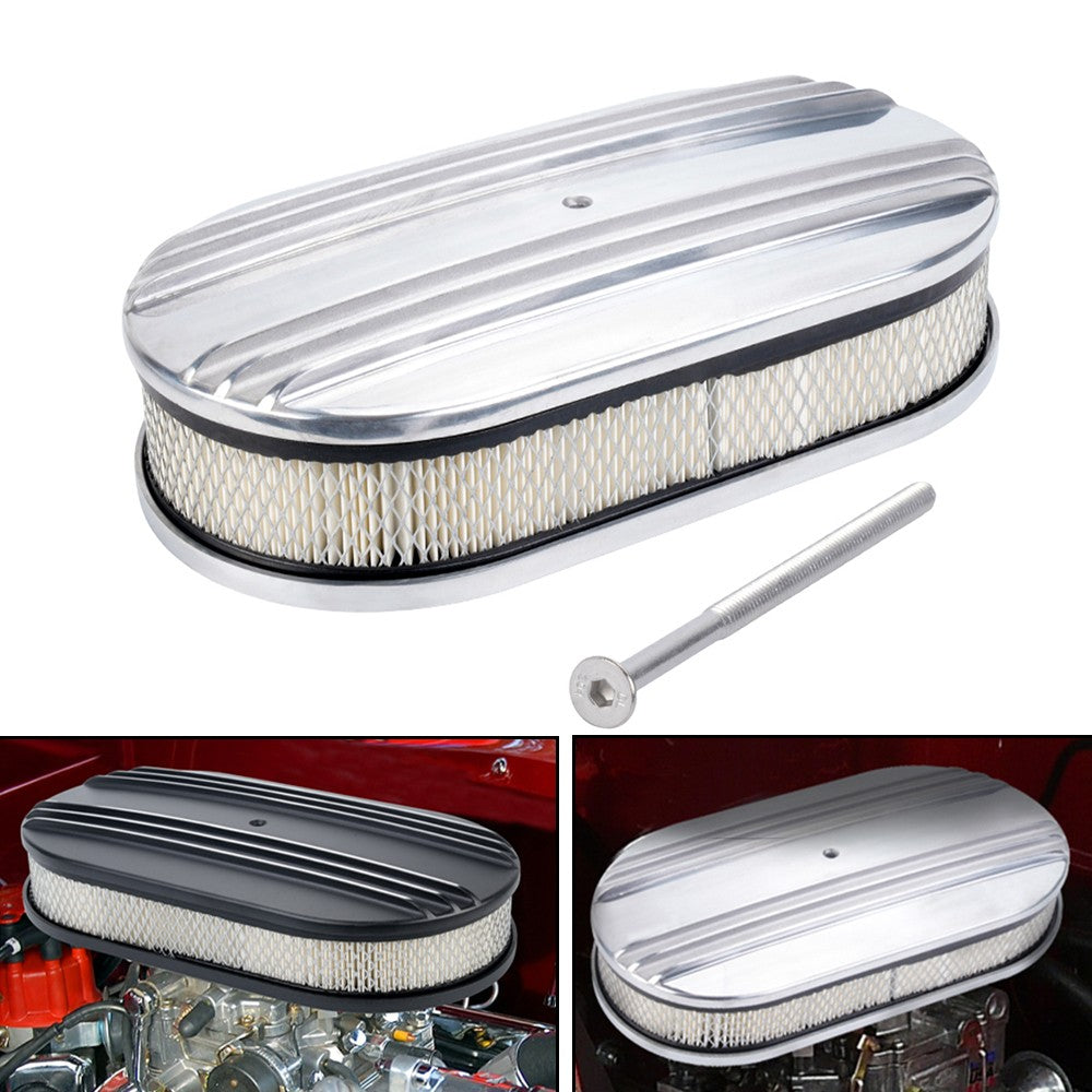 Chrome Half Finned Air Cleaner Set with Washable Filter, 12 x 2 Inch, Oval Shape Q