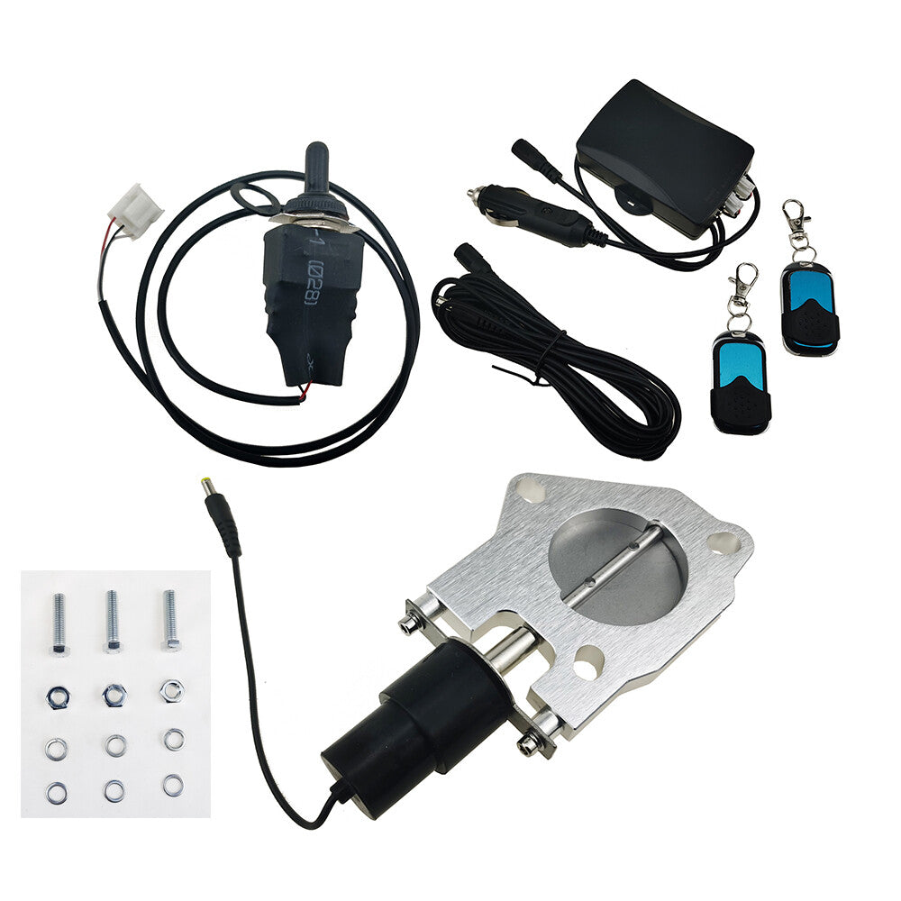 2.25-inch electric exhaust butterfly valve with manual and remote control motor switch.