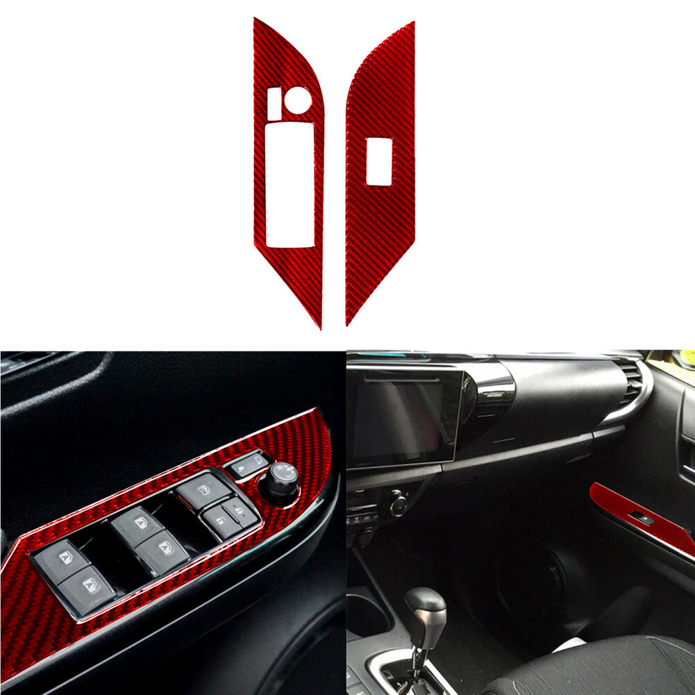 2X Red Carbon Fiber Front Door Control Cover Trim for Toyota Hilux 2015-21 TypeA