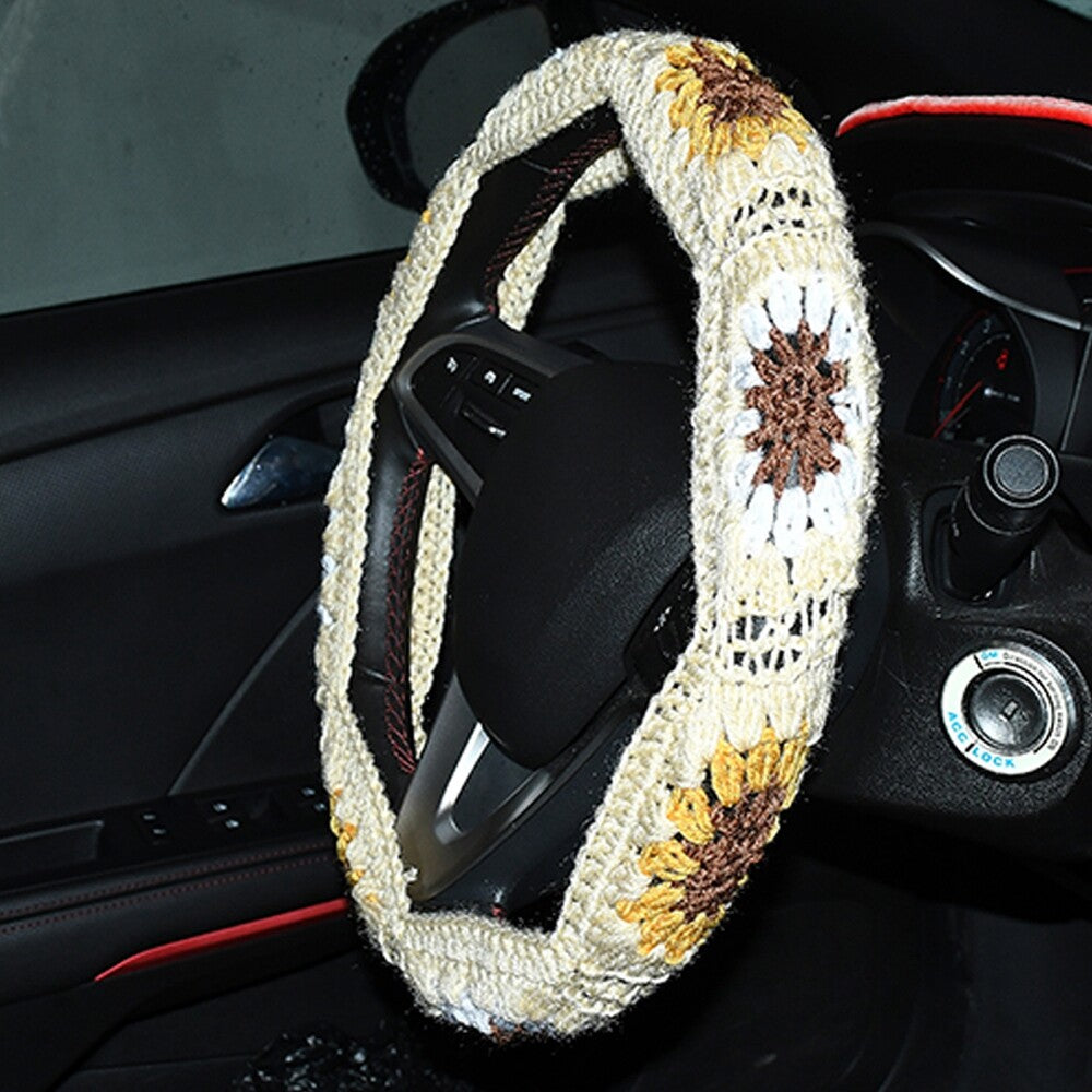 14-15in Boho Crochet Steering Wheel Cover Sunflower Steering Wheel Protector