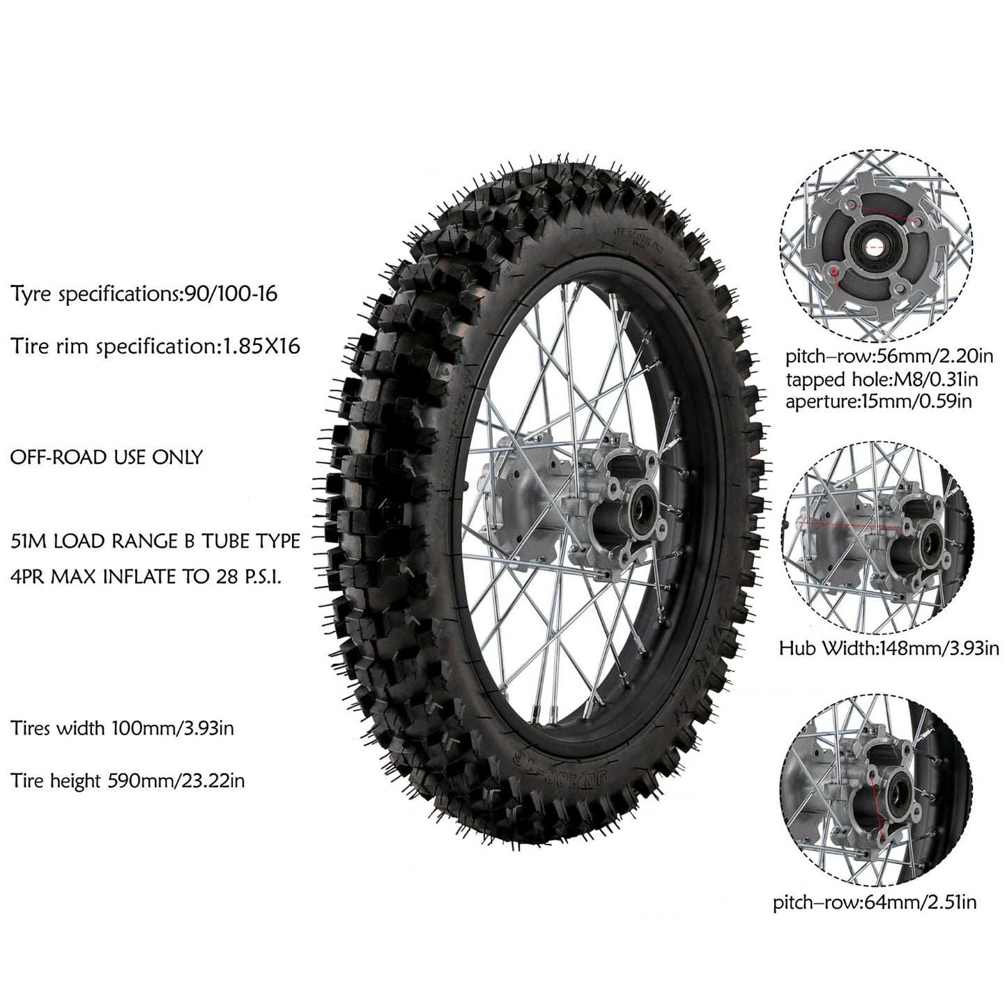 16-inch rear wheel, 90/100-16 tire + rim, suitable for Dirt Pit bicycles, large wheels for 125cc, 150cc, and 200cc models.