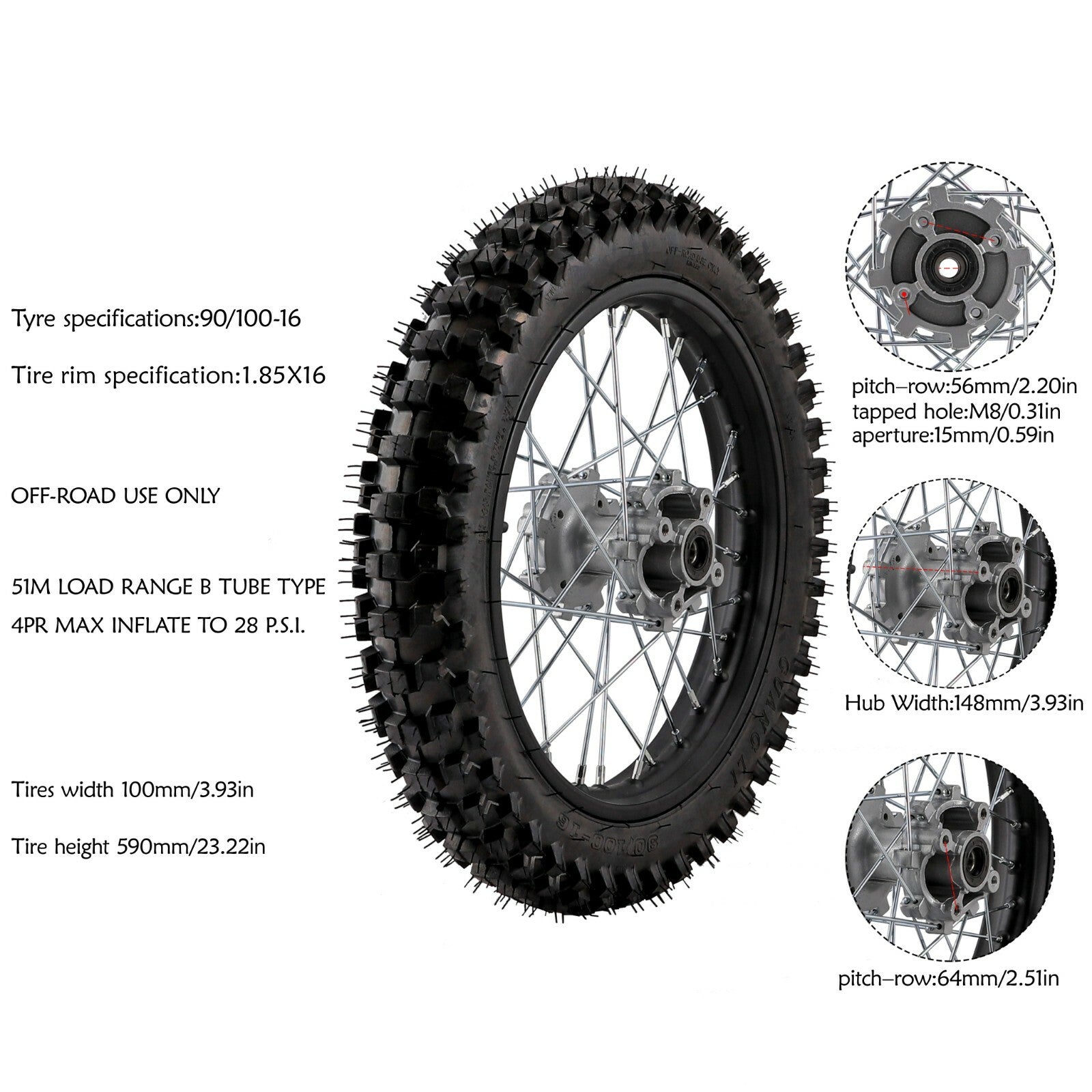 16-inch rear wheel, 90/100-16 tire + rim, suitable for Dirt Pit bicycles, large wheels for 125cc, 150cc, and 200cc models.