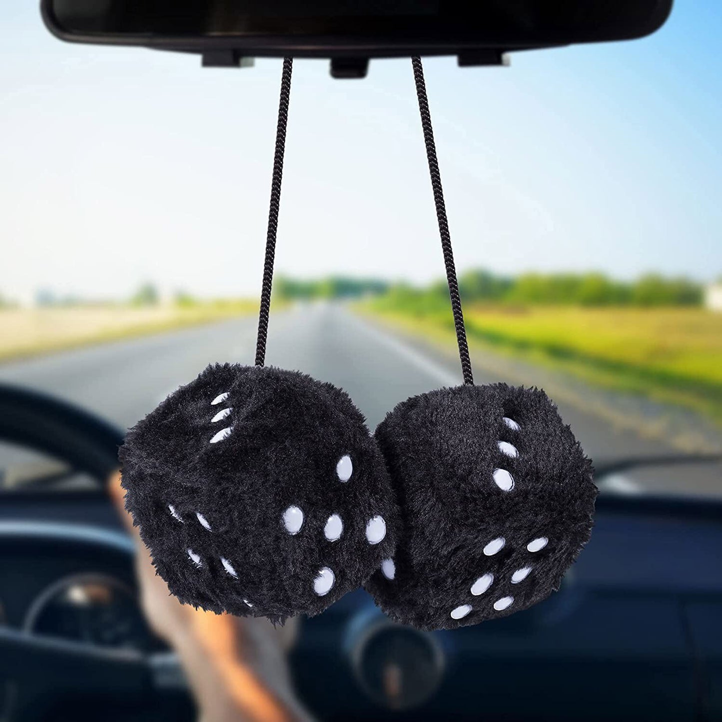 Black 2.95¡± Fuzzy Plush Dice Retro Square Plush Car Hanging Mirror Deco