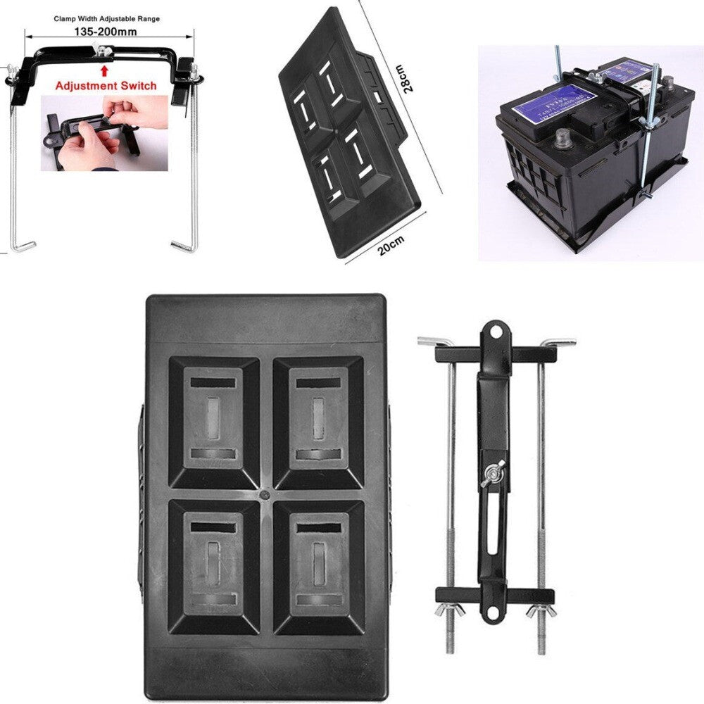 Car Storage Battery Holder Plastic Tray + Adjustable Hold Down Clamp Bracket Set n