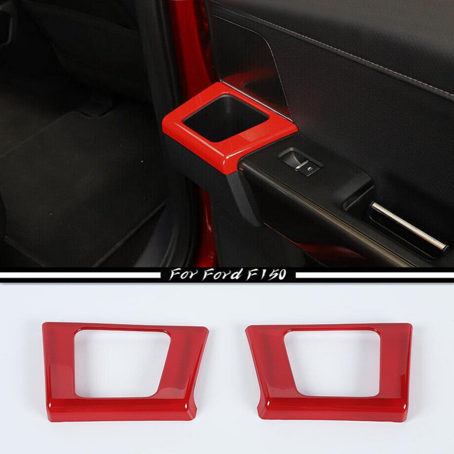 For 21-23 F150 Red Interior Rear Door Handle Cup Holder Cover Trim 2P v