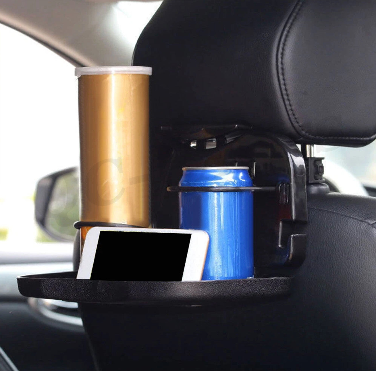 Folding tray beverage holder, rear for seat table tray, phone holder, car storage box